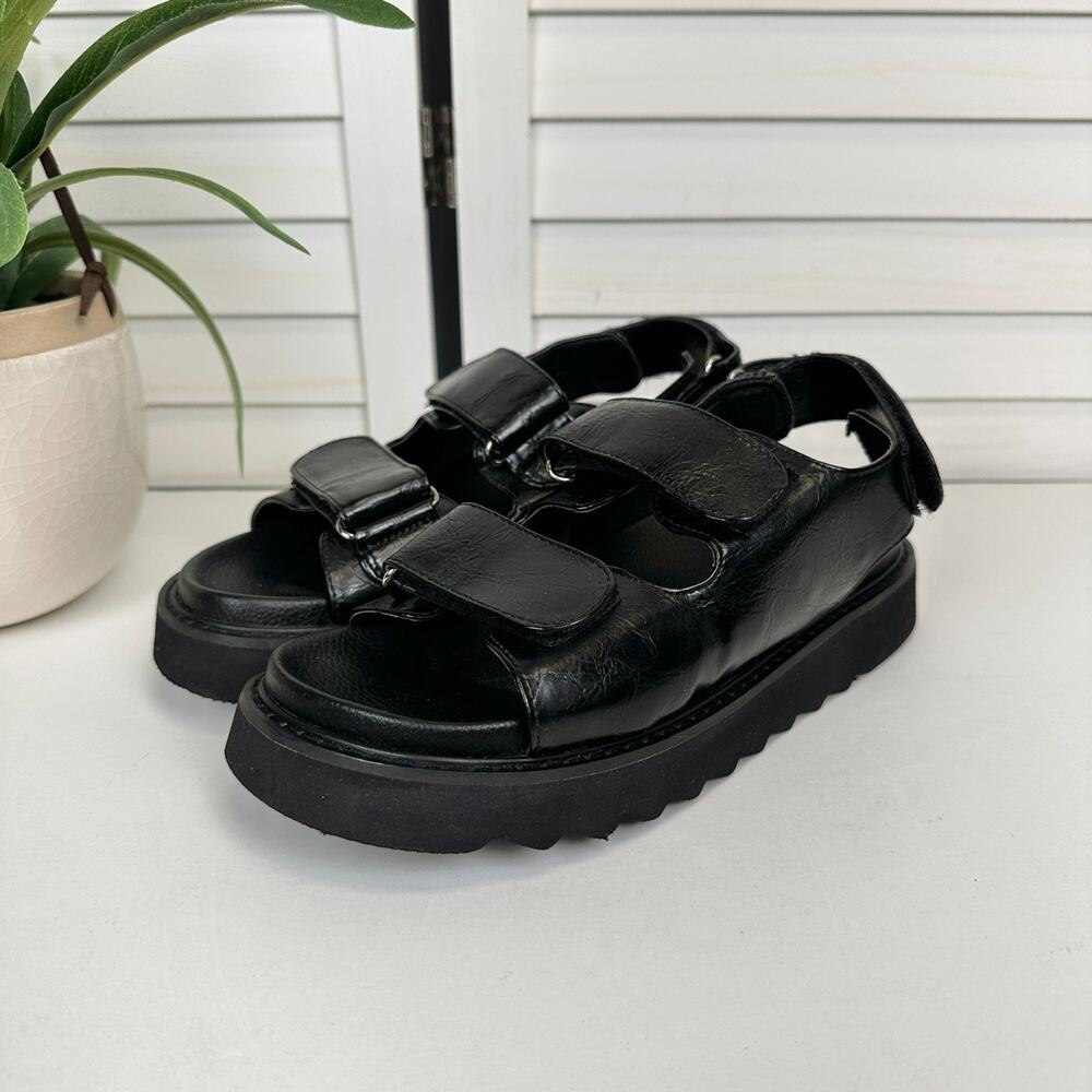 Princess Polly Rue Chunky Sandals Black Vegan Faux Leather Slingback Shoe Size 6